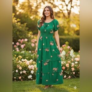 Anthropologie Kindred Green Floral Embroidered Smocked Tiered Cottagecore Maxi